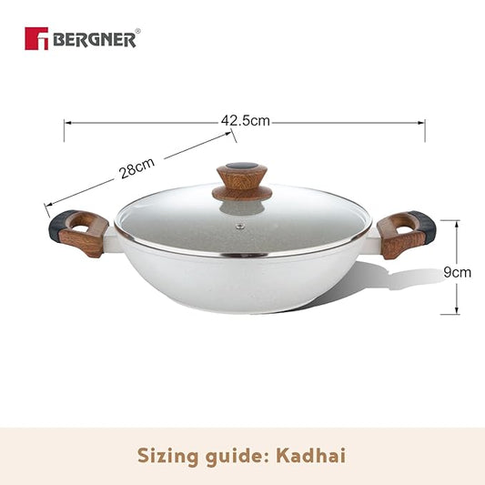Bergner Naturally Forged Nonstick 28 Cm Kadai With Glass Lid | 3.3 L Capacity