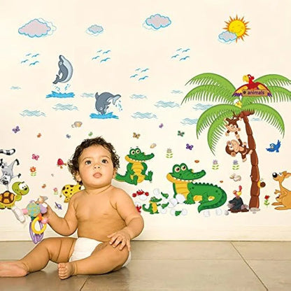 Jaamso Royals Multicolor Decorative Zoo Animal Kids Tree Design Vinyl Self Adhesive Peel and Stick Wall Sticker Animal Jungle