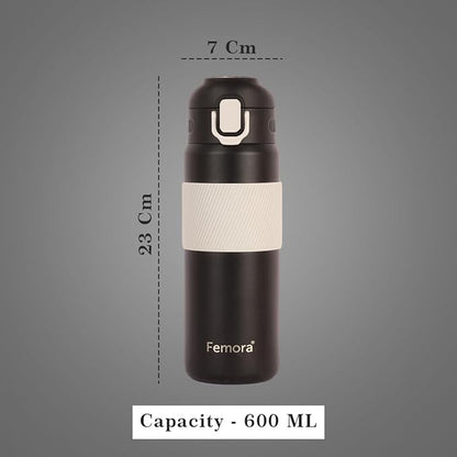 Femora HydroPro Double Walled Stainless Steel Thermosteel Charcoal Black Water Bottle - 400 gms