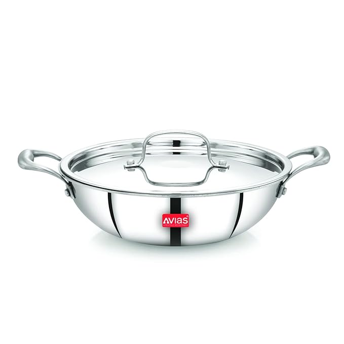 Avias Riara Triply Kadhai with Lid Stainless Steel Kadai 2.5 Mm Thickness 2.5 Litre, 24cm