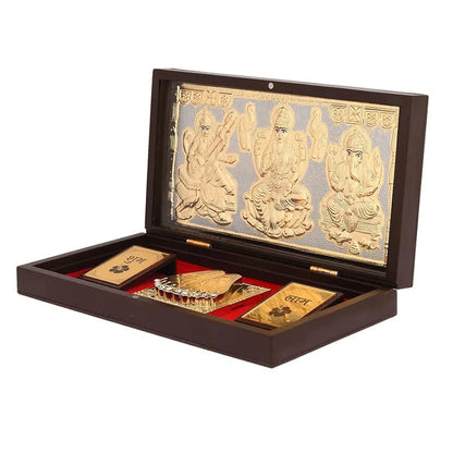 Jaipur Ace Gold Plated Laxmi Ganesh Saraswati Charan Paduka Yantra Devotional Prayer Box Standard