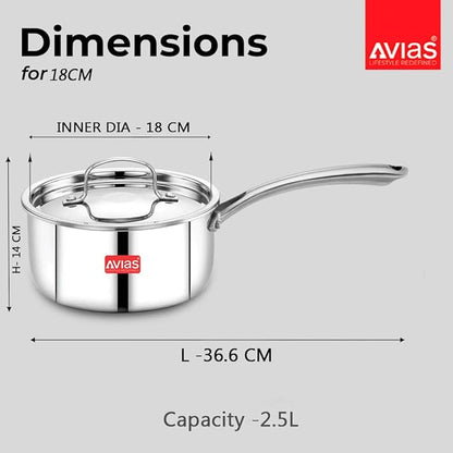 Avias Riara Triply Saucepan with Lid 18cm Stainless Steel Sauce Pan Triply Tea Pan 2.5 mm