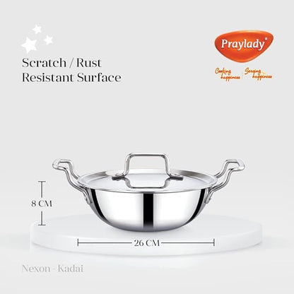 Praylady Stainless Steel Triply Kadai with Lid Nexon Series Dia 26cm 3.2L