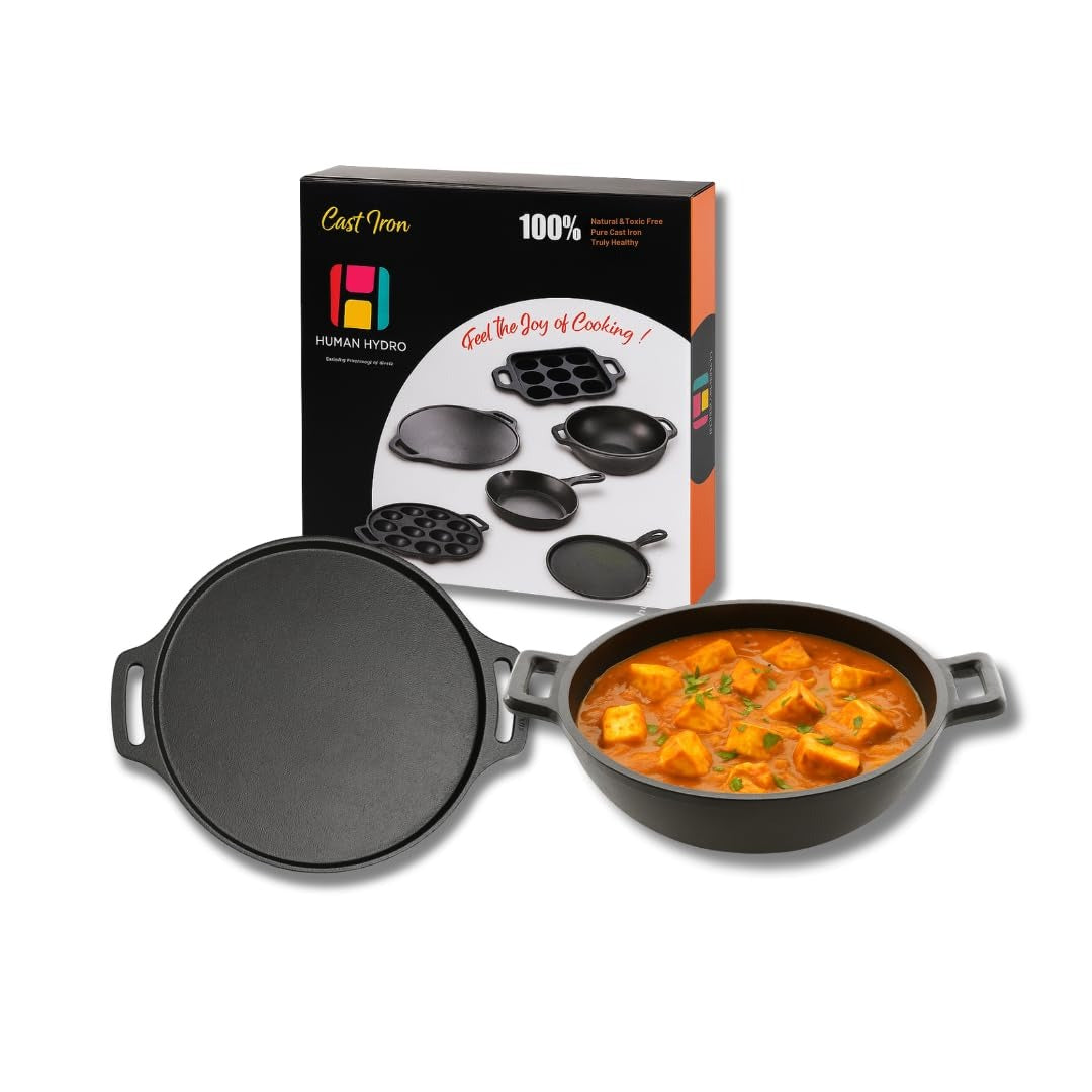 Human Hydro Pre-Seasoned Cast Iron Cookware Combo — Tawa 30cm + Kadai 25cm Naturally Nonstick Induction Gas