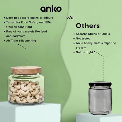 Anko 2L Borosilicate Glass Jar for Kitchen | Airtight | Rubberwood Lid | Set of 1