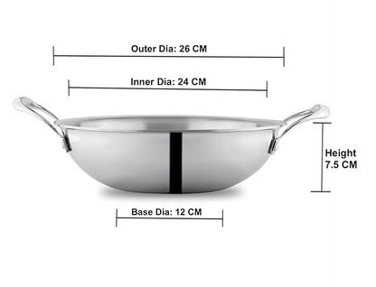 Attil Triply Stainless Steel Kadai for Kitchen With Induction Base Kadhai and Heavy Duty Kadhai | 24cm, 2.5 Litres