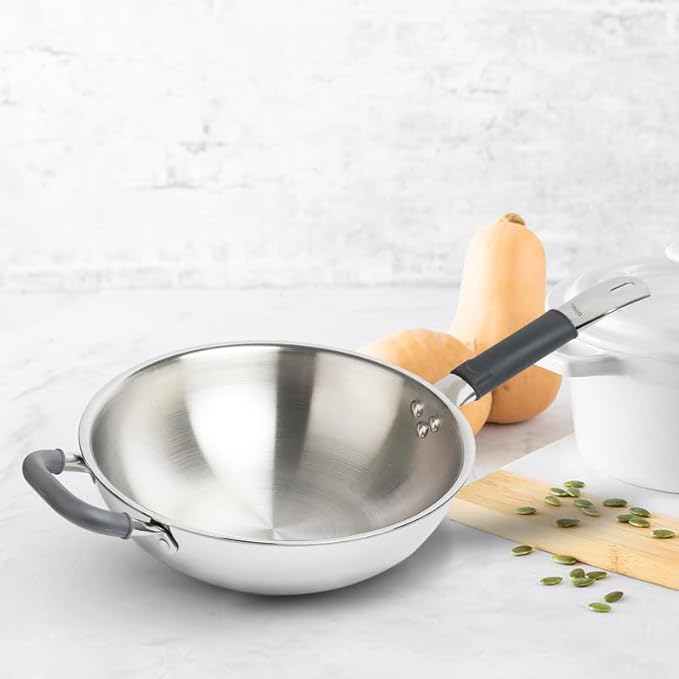 Allo Triply Stainless Steel Wok for Deep Fry Stir Fry Dry Veg 28Cm 4.5 Litre