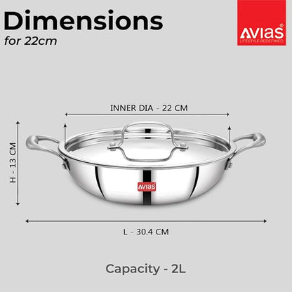 Avias Riara Triply Kadhai with Lid Thickness Induction Base 2 Litre 22cm