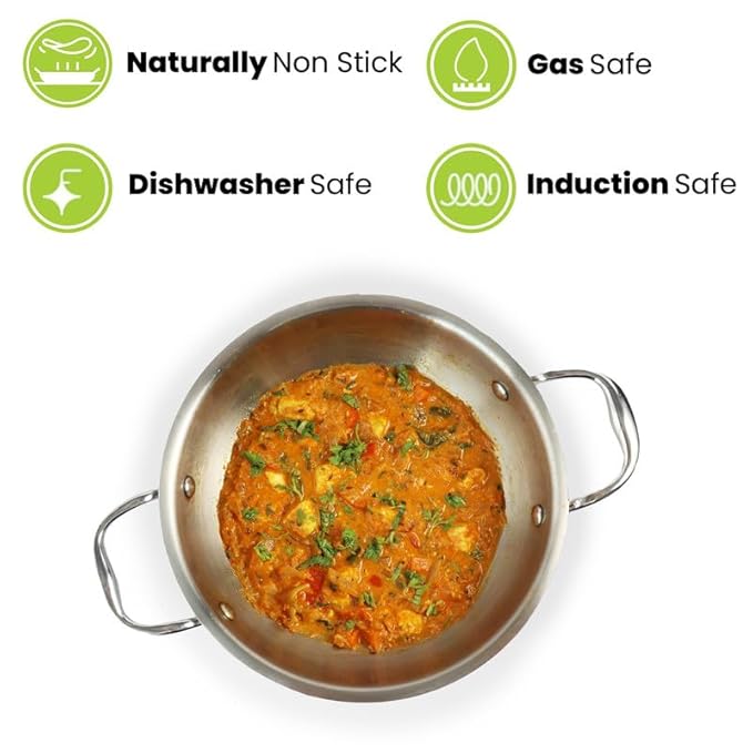 Allo Triply Stainless Steel Kadhai with Handles Perfect Kadhai for Curry 20cm 1.5 litres 20cm 1.5 litres