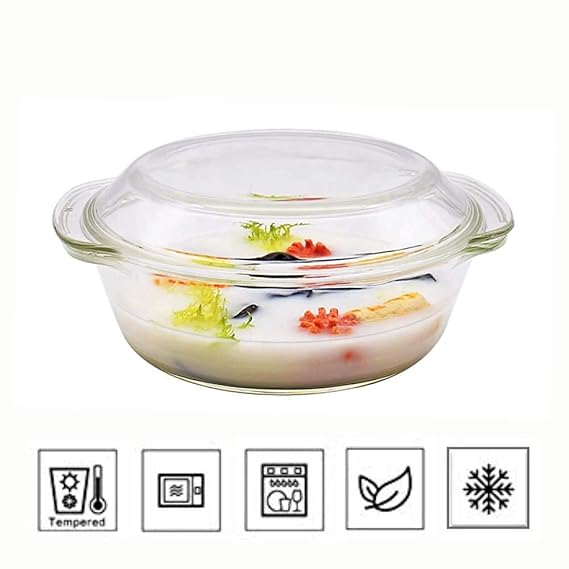 Femora Borosilicate Serving Bowl | Glass Casserole Set, Glass Bowl With Lid, Microwave Safe Bowl Set | 2000 Ml