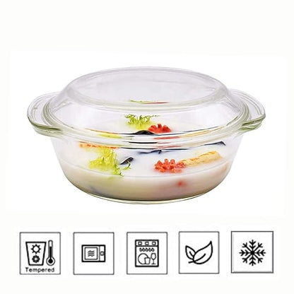 Femora Borosilicate Serving Bowl | Glass Casserole Set, Glass Bowl With Lid, Microwave Safe Bowl Set | Freezer Safe | 1000 Ml