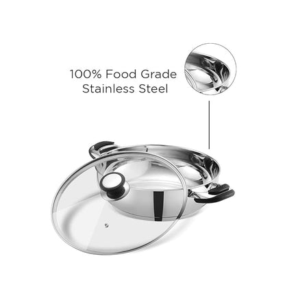 Vinod Durban Stainless Steel Kadhai with Glass Lid 1.7 Litre (20 cm) | 6.2mm Thick | Kadhai for Deep Frying