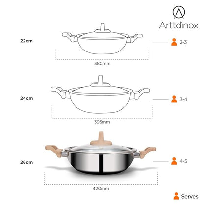 Arttdinox Timber Triply Stainless Steel Kadai | Steel Kadai for Cooking | Triply Kadai With Lid | 22cm | 2.1ltrs | Silver