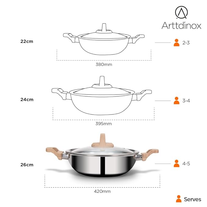 Arttdinox Timber Triply Stainless Steel Kadai | Steel Kadai for Cooking | Triply Kadai With Lid | 26cm | 3.2ltrs | Silver