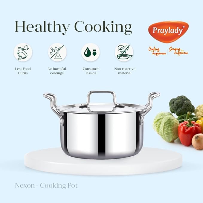 Praylady Nexon Series Triply 18 cm 1.5 L Stock Pot with SS Lid Healthy Non Toxic Casserole