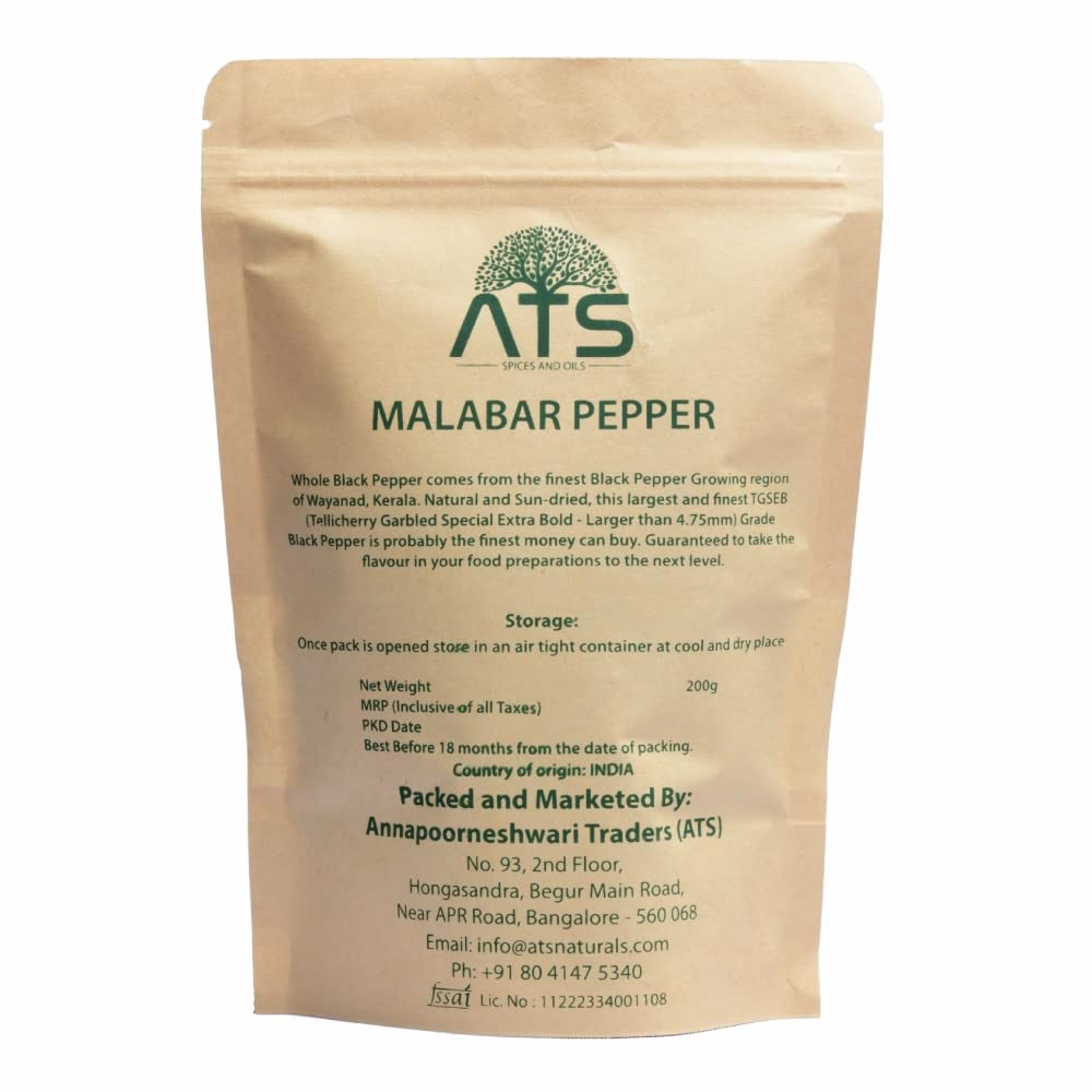 ATS Natural Premium Malabar Black Pepper Whole  - 200 gms
