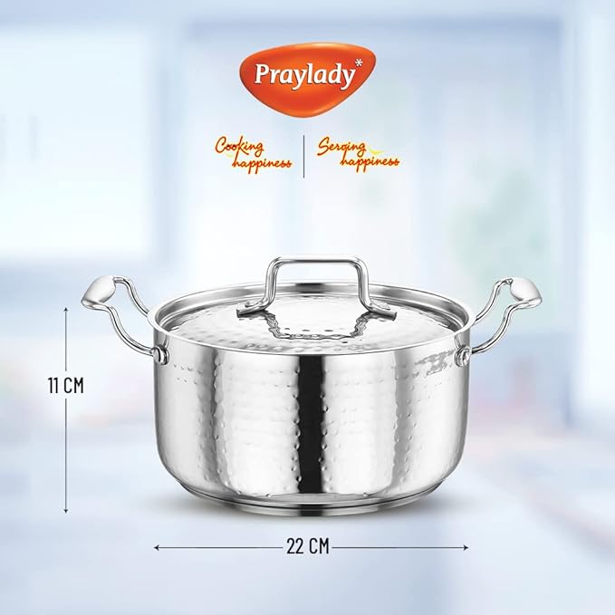 Praylady Stainless Steel Handi Casserole Without Handle 3 Ply Base Cooking Pot 22 cm Silver
