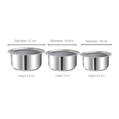 Vinod Stainless Steel 3 pc Tope Set with Capacity of 1.4 litres, 1.8 litres & 2.2 litres with Stainless Steel Lids