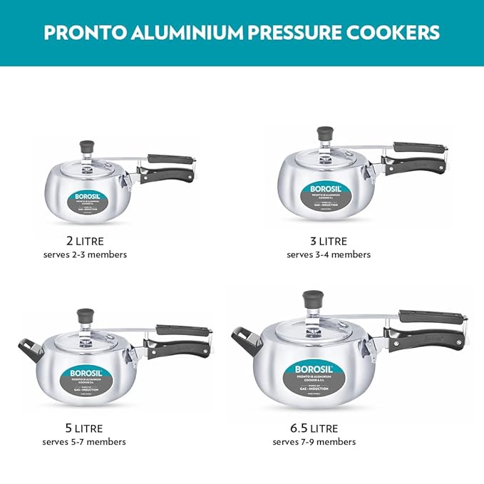 Borosil Pronto Induction Base Inner Lid Aluminium Pressure Cooker | 3.6 Mm Thick Base | 2 Litres | Silver
