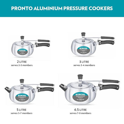 Borosil Pronto Induction Base Inner Lid Aluminium Pressure Cooker | 3.6 Mm Thick Base | 5 Litres | Silver