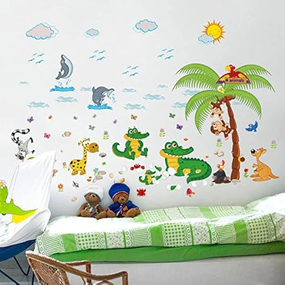 Jaamso Royals Multicolor Decorative Zoo Animal Kids Tree Design Vinyl Self Adhesive Peel and Stick Wall Sticker Animal Jungle