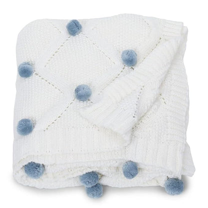 Haus & kinder Cotton Knitted Blanket For New Born Baby All Season Ac Blankets 0 To 2 Years Bubblegum Blue Pom Pom