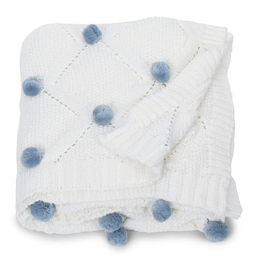 Haus & kinder Cotton Knitted Blanket For New Born Baby All Season Ac Blankets 0 To 2 Years Bubblegum Blue Pom Pom