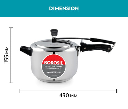 Borosil Presto Induction Base Stainless Steel Inner Lid Pressure Cooker | 5 Litres