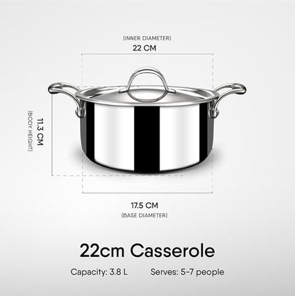 Stahl Triply Stainless Steel Casserole With Lid | Artisan 4122 | 22 Cm | 3.8 Liters