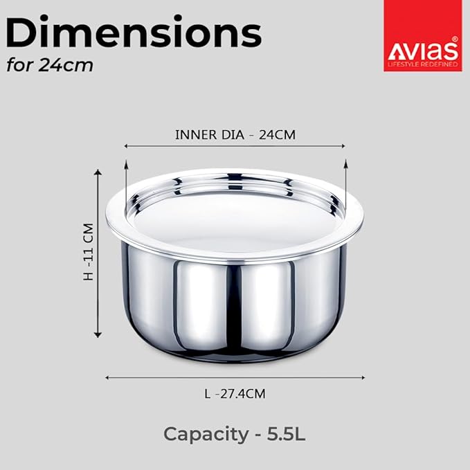Avias Riara Triply Tope with Lid 24cm Stainless Steel Tope Induction Base 2.5mm Bhagona 5.5 Litre