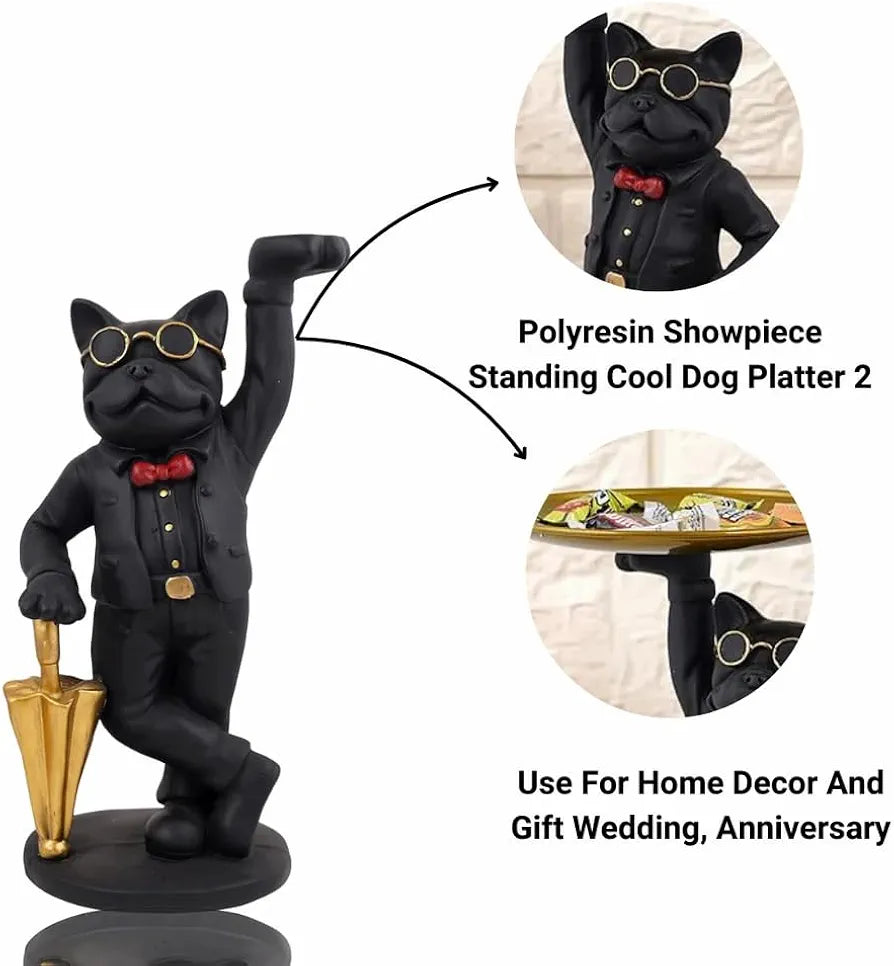 Premium French Bulldog Butler Statue with Golden Serving Tray & Umbrella, Resin Dog Figurine for Home Decor, Entryway Key Holder & Living Room Centerpiece 