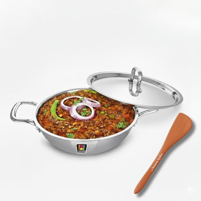 Human Hydro Tri-Ply Stainless Steel Kadai with SS Lid 22cm 2.2L Induction Gas Heavy-Duty Deep Frying