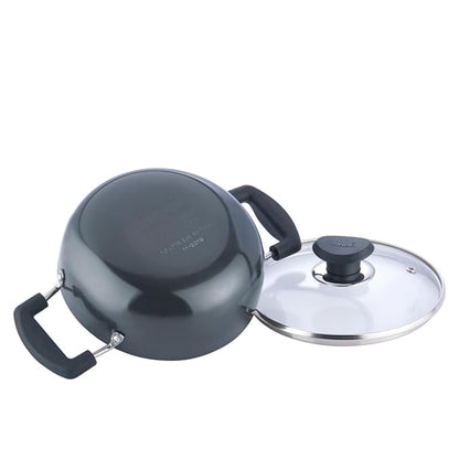 Vinod Black Pearl Hard Anodised Non Stick Deep Kadhai with Glass Lid - 4.1 LTR, 26 cm | 3.25mm Thickness | kadai for Cooking