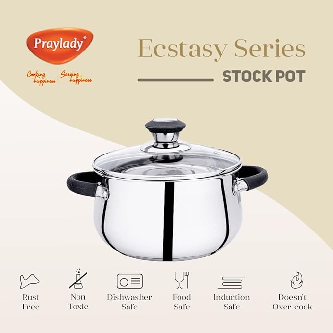 Praylady Stainless Steel Stock Pot with Glass Lid Ecstasy Series 3 Ply Base Stock Pot Size 22 cm Capacity