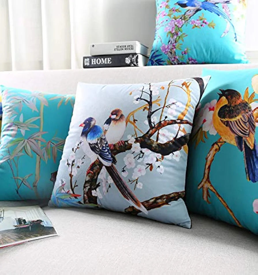 Aerohaven Set of 5 Nature-Inspired Bird Print Cushion Covers Cotton Linen Throw Pillow Covers