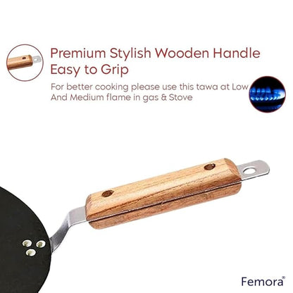 Femora Iron Concave Tawa 12 Inch | 30 Cm | Tava for Roti With Strong Wooden Handle Black | Gas Stovetop Compatible