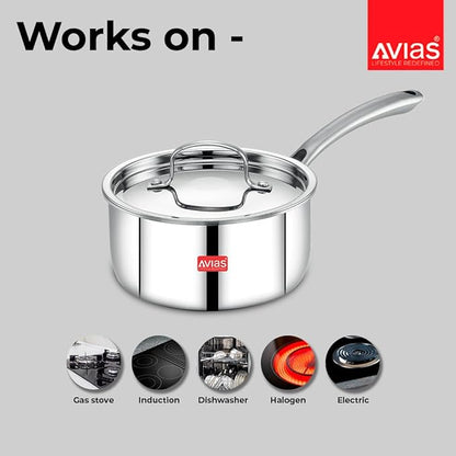 Avias Riara Triply Saucepan with Lid 18cm Stainless Steel Sauce Pan Triply Tea Pan 2.5 mm