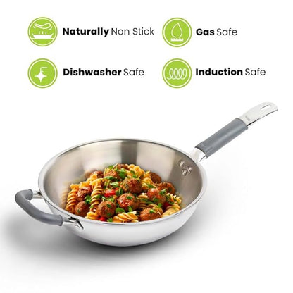 Allo Triply Stainless Steel Wok for Deep Fry Stir Fry Dry Veg 26Cm 3.7 Litre