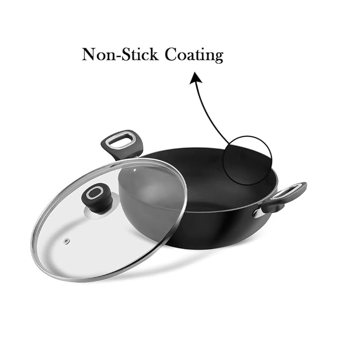 Vinod Hanos Hard Anodised Non Stick Deep Kadhai with Glass lid - 3.1 Litre, 24 cm | 3.25mm Thick | 5X Non Stick