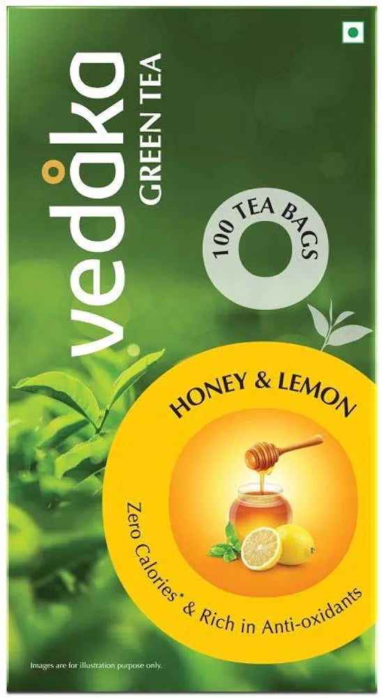 Amazon Brand - Vedaka Green Tea | Honey & Lemon | 100 Bags, 1.5 Gram Each | Zero Calories | Natural Source Of Antioxidants | All Natural Flavor | 150 G
