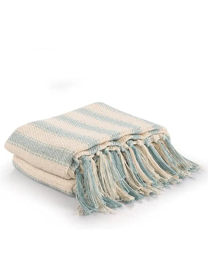 Sashaa World Striped Sofa Throw Medium with Tasselled Edges Colour Ice Blue