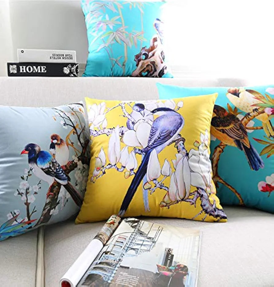 Aerohaven Set of 5 Nature-Inspired Bird Print Cushion Covers Cotton Linen Throw Pillow Covers
