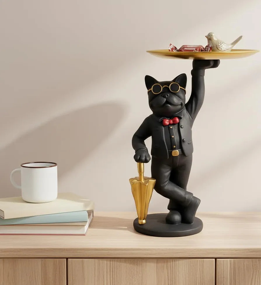 Premium French Bulldog Butler Statue with Golden Serving Tray & Umbrella, Resin Dog Figurine for Home Decor, Entryway Key Holder & Living Room Centerpiece 