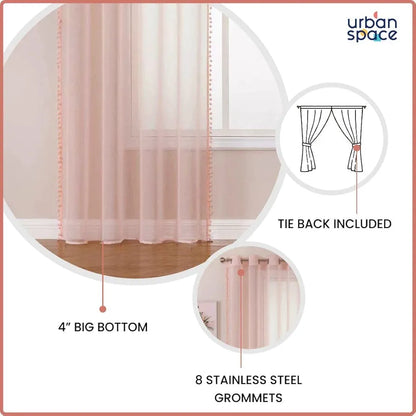 Urban Space Linen Textured Sheer Curtain for Door Living Room,Readymade Curtain with Rod Pocket, Set of 2 Decorative Curtains Blush Pink with Pom pom