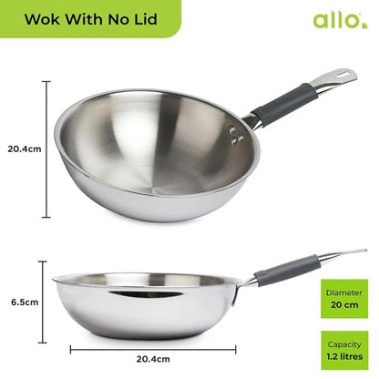 Allo Triply Stainless Steel Wok for Deep Fry Stir Fry Dry Veg 18Cm 1.2 Litre