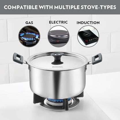 Borosil Cookfresh Tri-ply Stainless Steel Cook & Serve Casserole With Lid | Induction Friendly | 2.8 Litres | 20 Cm
