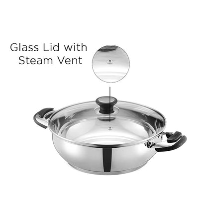 Vinod Durban Stainless Steel Kadhai with Glass Lid 1.7 Litre (20 cm) | 6.2mm Thick | Kadhai for Deep Frying | Induction and Gas Base