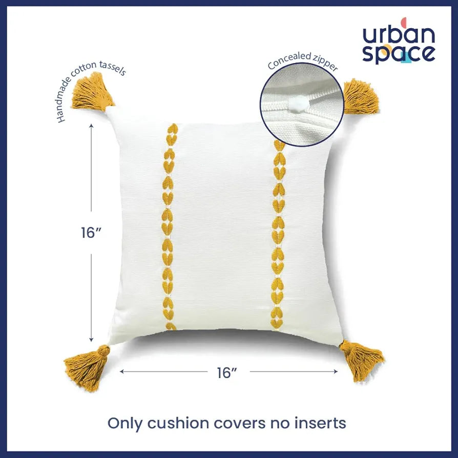 Urban Space Embroidered Cotton Cushion Cover Set of 2 Cushion Covers for Sofa, Bedroom, Living Room Vintage Braid Yellow