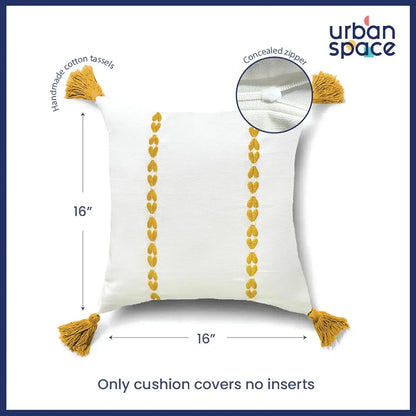 Urban Space Embroidered Cotton Cushion Cover Set of 2 Cushion Covers for Sofa, Bedroom, Living Room Vintage Braid Yellow