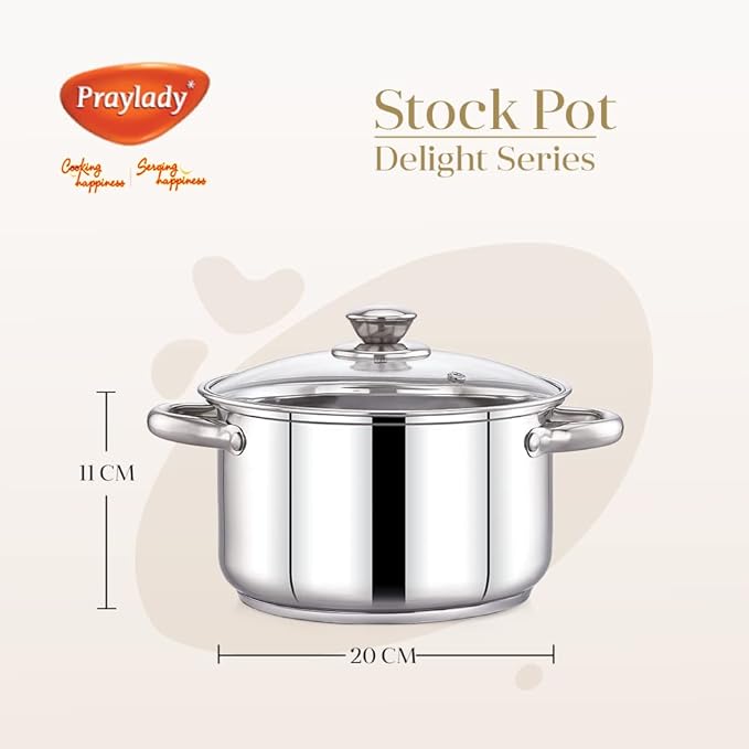 Praylady Stainless Steel with Glass Lid Delight Series 3 Ply Base Stockpot Size 20 cm 2.8 Litre Silver